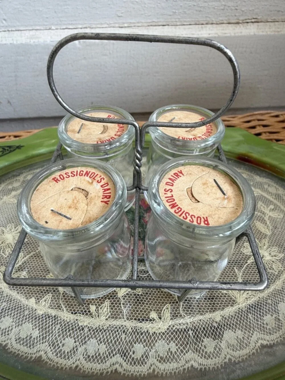 Antique 30s Rossignol's Dairy ME Mini Milk Bottle Creamer Set Wire Carrier